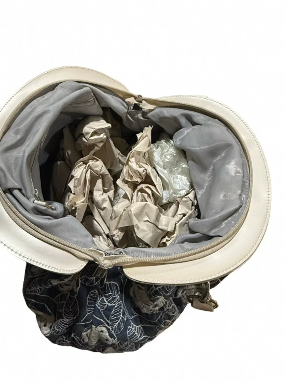 Beijo Blue Floral Embroidered Kiss-Lock Frame Satchel Handbag Cream Trim Dust Ba